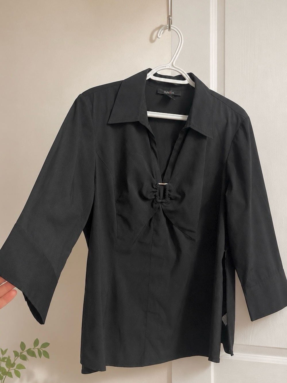 Style & Co. Black Gathered Front Blouse Side Zipper